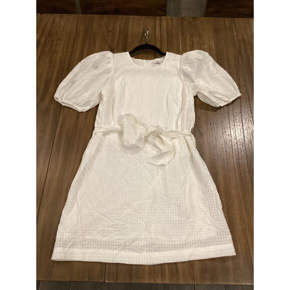 English Factory Check Print Mini Dress Belted Waist Puff Sleeve White Small - Picture 5 of 11